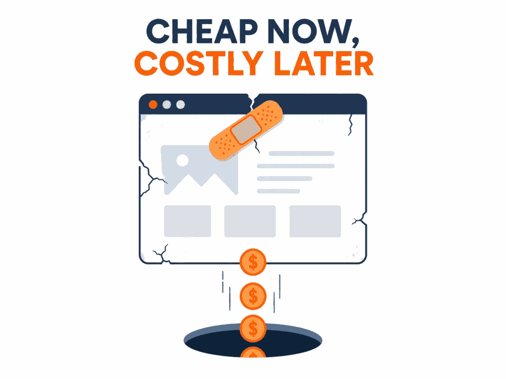 Illustration showing hidden long-term costs of a cheap website