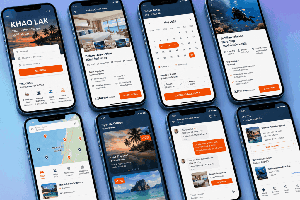 Smartphone mockups of a Khao Lak resort booking website in multiple screens