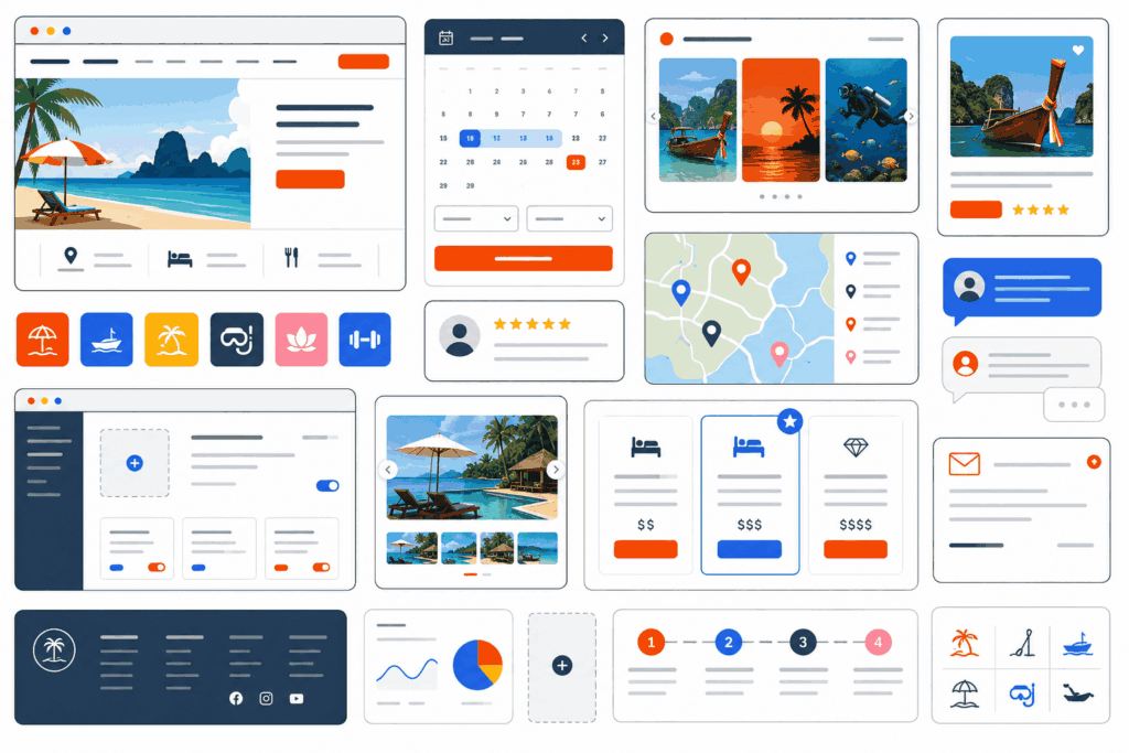 Flat illustration of website UI components for a Phang Nga tourism business