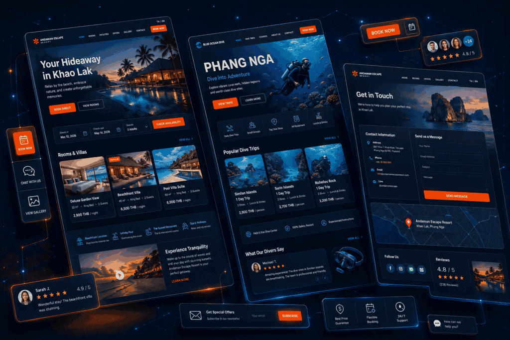 Dark isometric mockup of resort and tour landing pages for Phang Nga web design