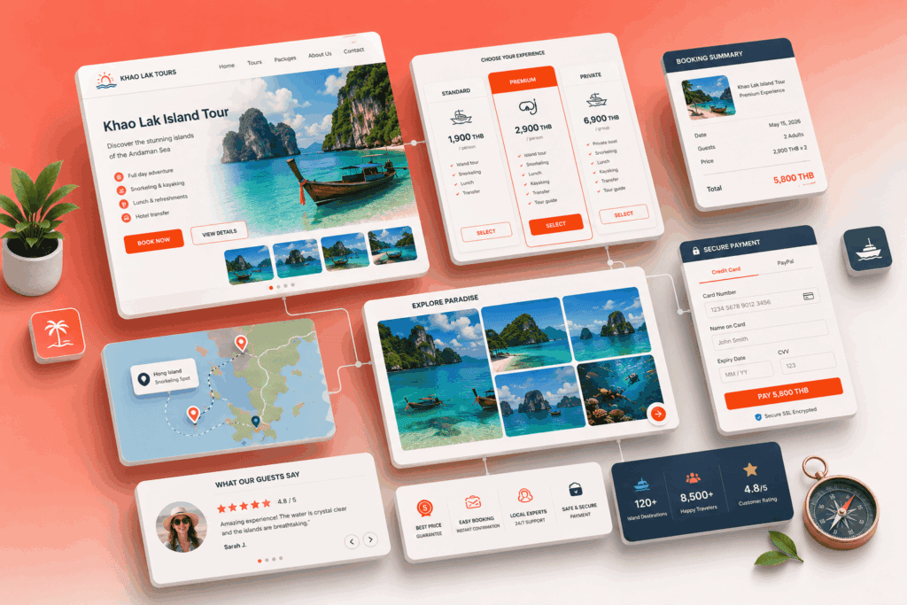 Isometric layout of website pages and booking widgets for a Phang Nga tour business