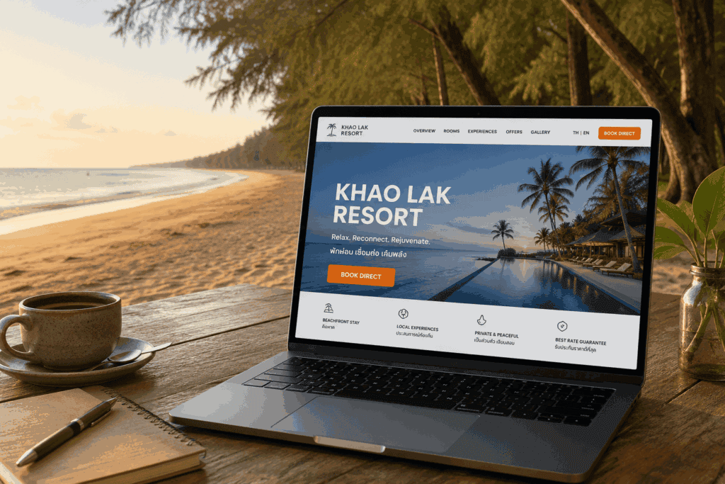 Bilingual resort website for a Khao Lak business shown on laptop