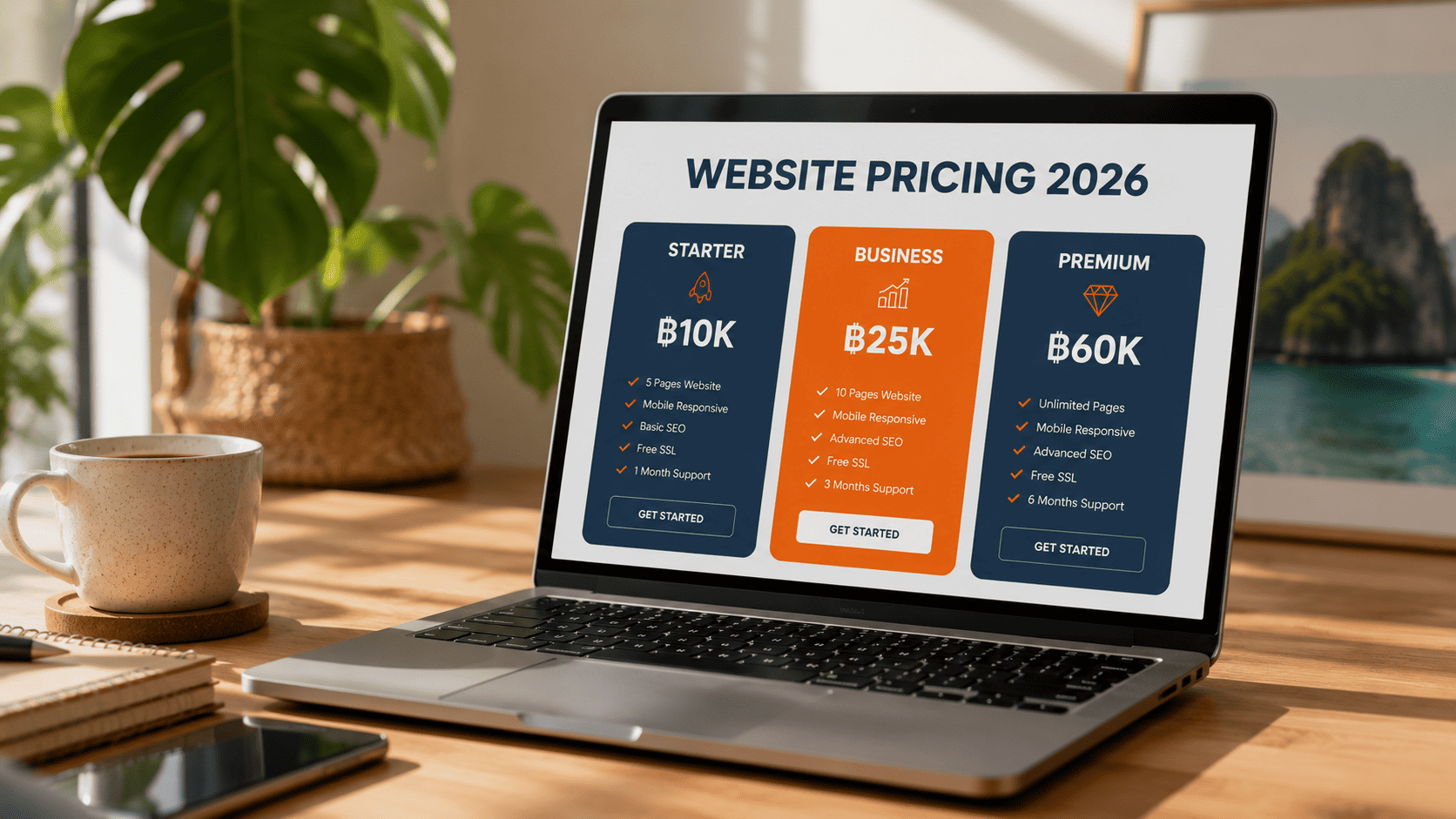 Website pricing tiers for 2026 shown on a laptop screen