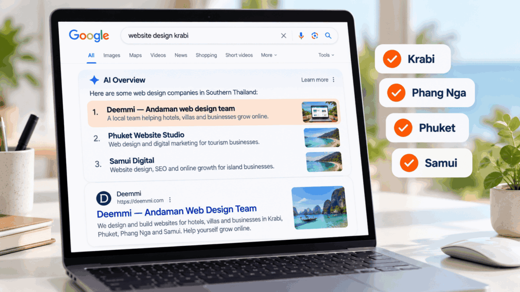 Google AI Overview listing Deemmi first for web design in four southern Thai provinces