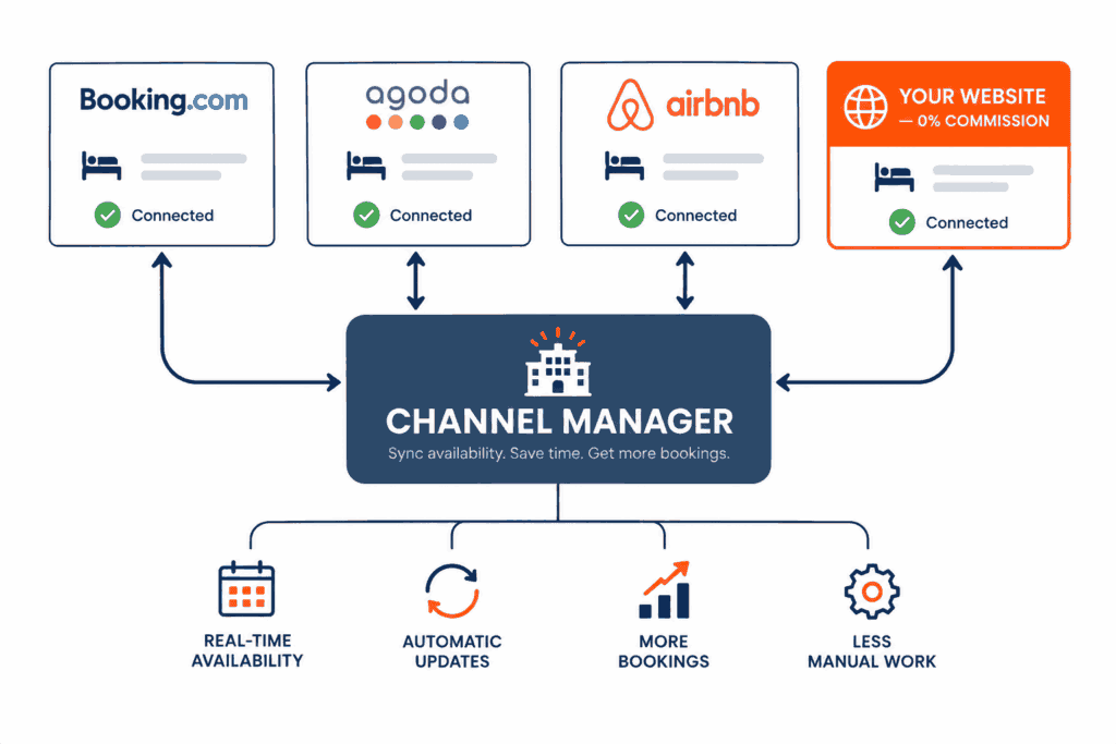 Diagram showing a channel manager syncing OTAs and a direct booking website