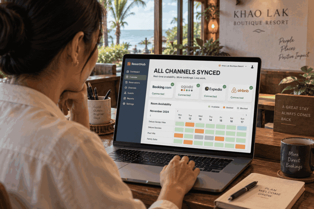 Hotel owner checking a channel manager dashboard syncing room availability