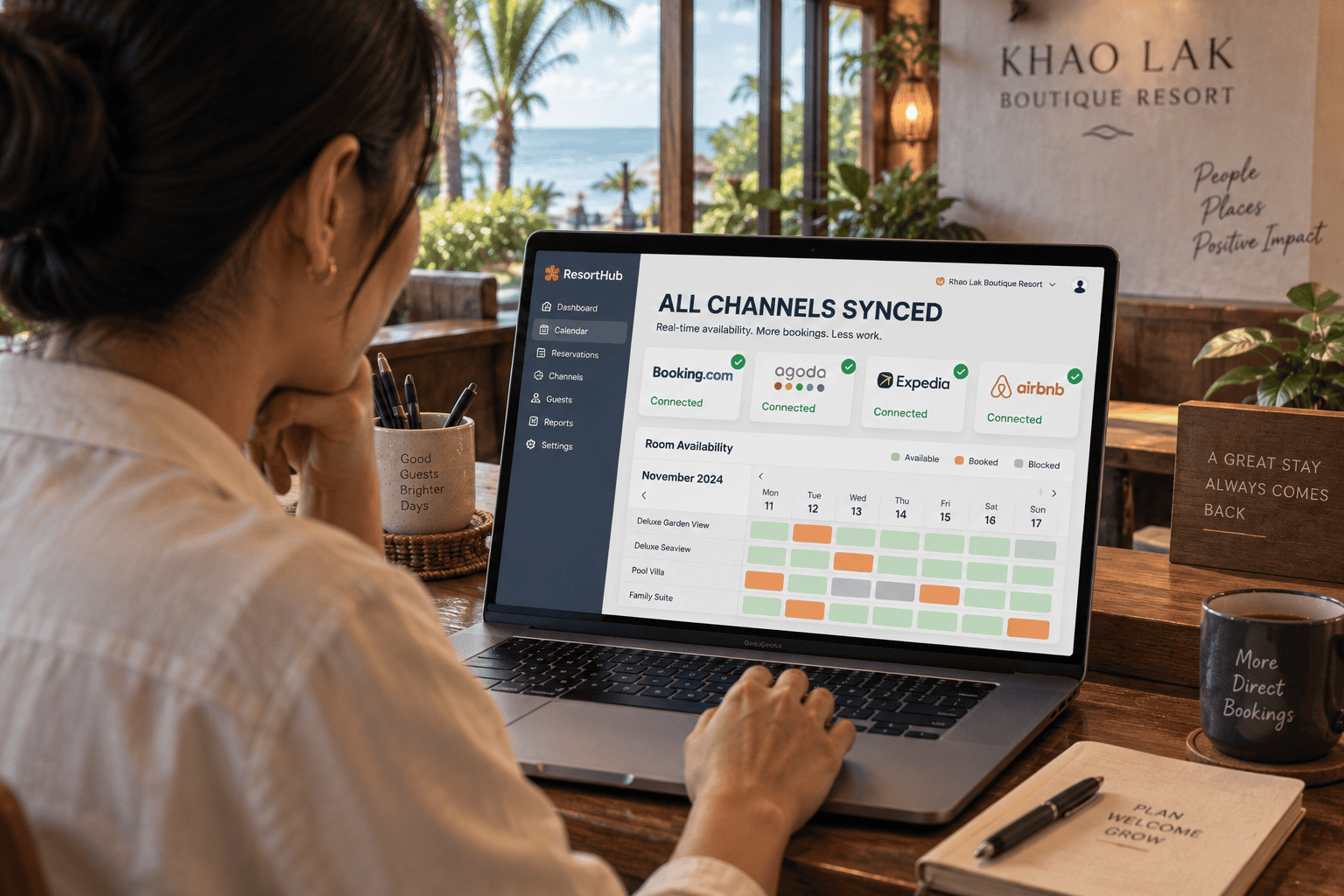 Hotel owner checking a channel manager dashboard syncing room availability