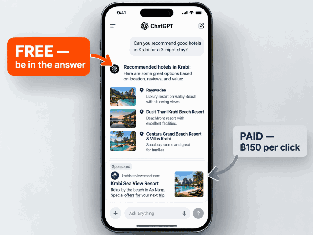 ChatGPT answer recommending businesses above a separate sponsored ad card