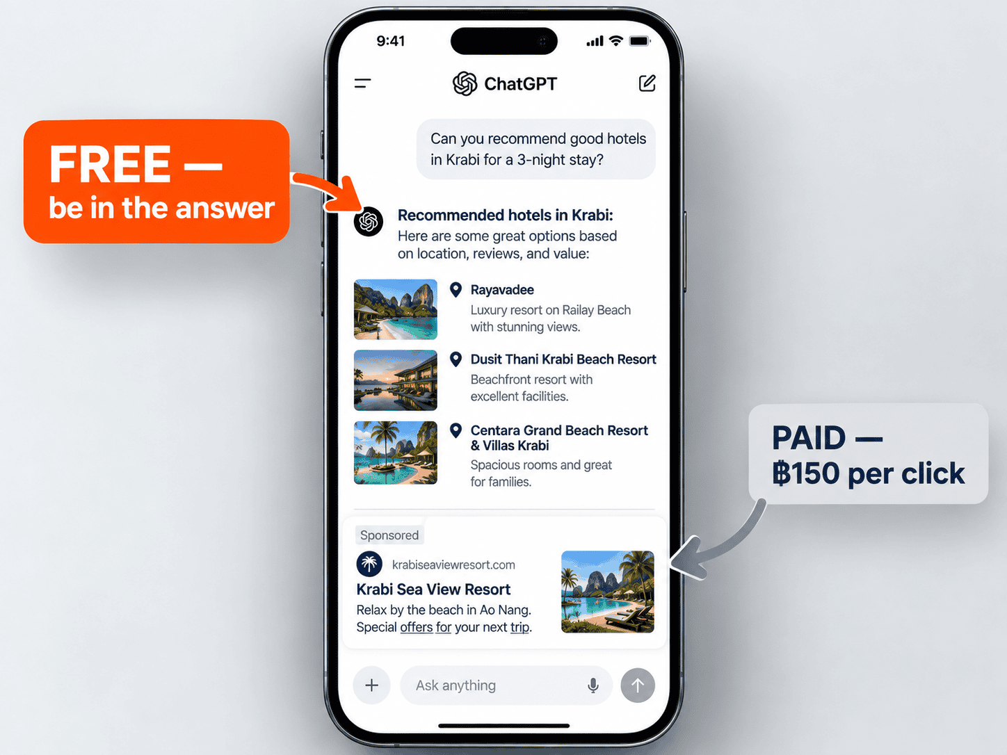 ChatGPT answer recommending businesses above a separate sponsored ad card