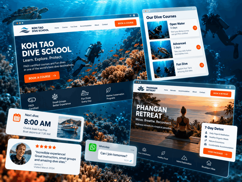 Dive school and wellness retreat website interfaces for Koh Tao and Koh Phangan