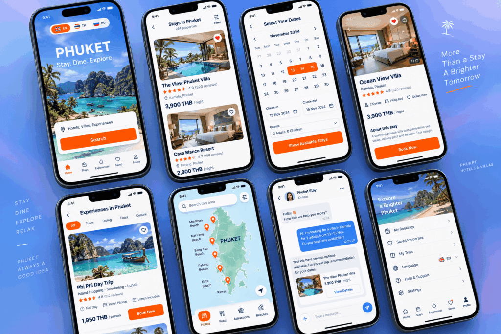 Multilingual mobile booking screens for a Phuket hotel and villa website