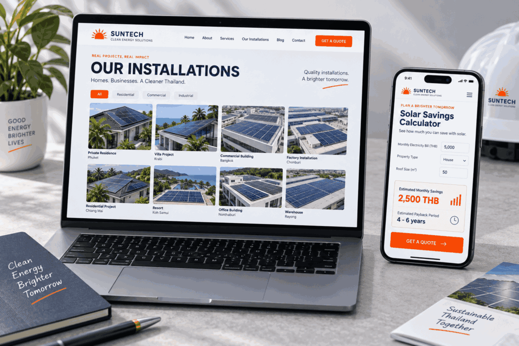 Portfolio page and savings calculator on a solar installer website