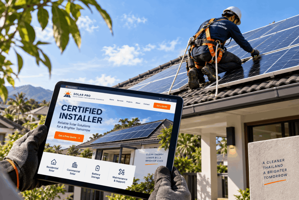 Certified solar rooftop installer website shown at an installation site