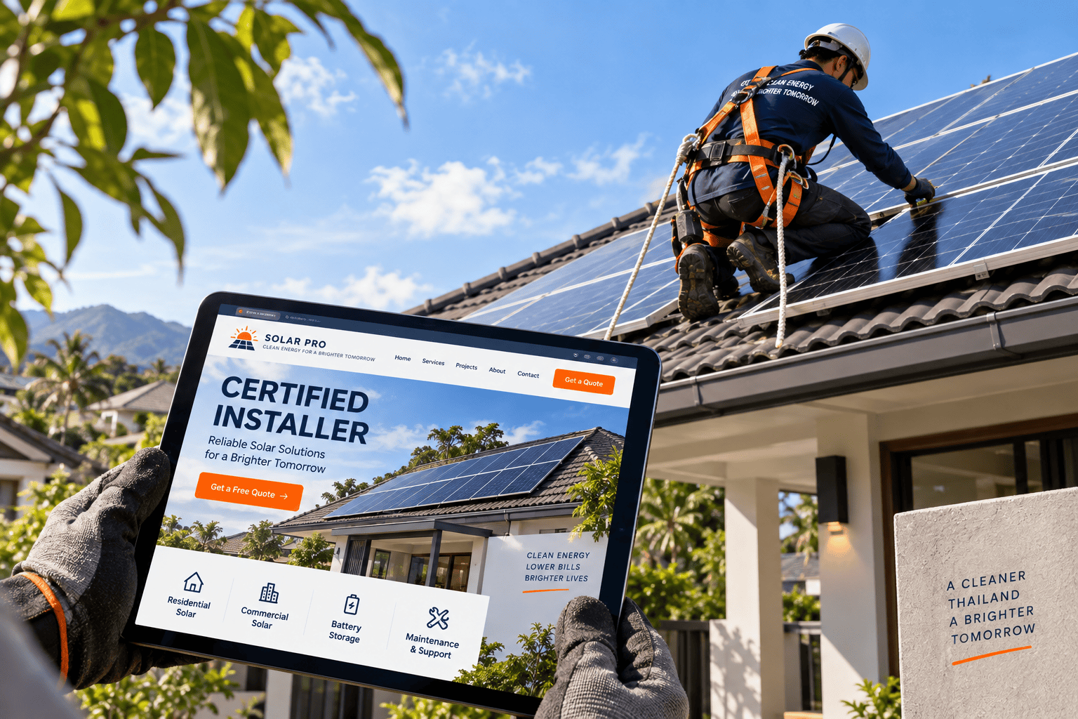 Certified solar rooftop installer website shown at an installation site