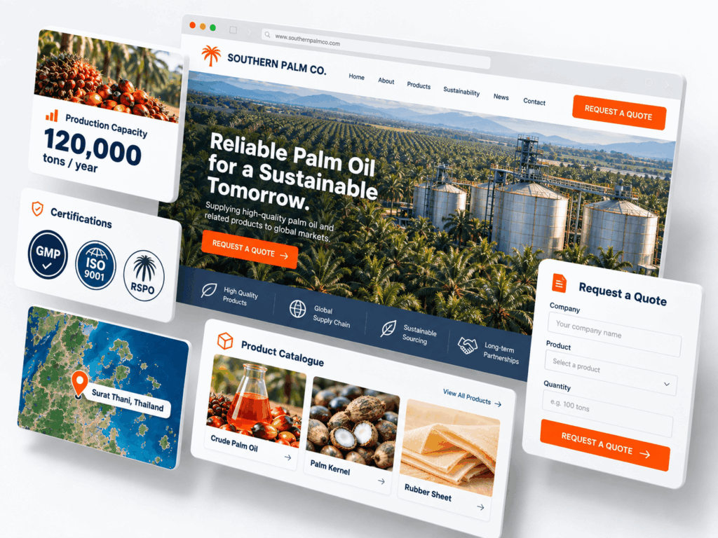 Corporate website interface for a Surat Thani palm oil supplier