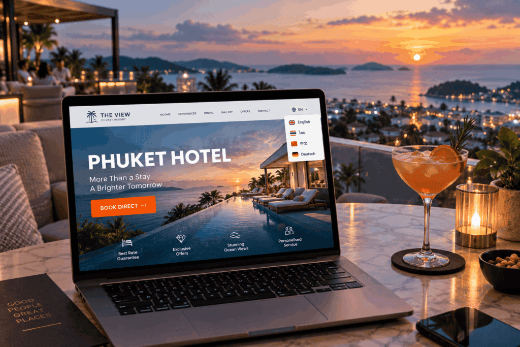 Multilingual hotel website for a Phuket business shown on a laptop