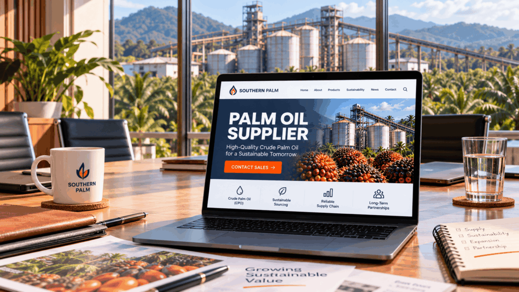 Corporate website for a Surat Thani palm oil company shown on a laptop