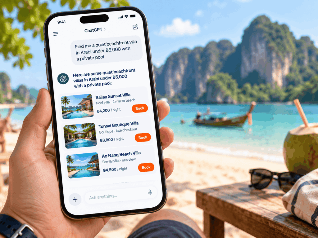 Traveller asking an AI assistant to find a beachfront villa in Krabi
