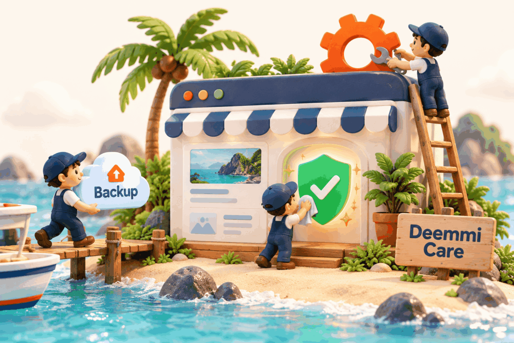 Miniature team maintaining a website: updates, backup and security shield