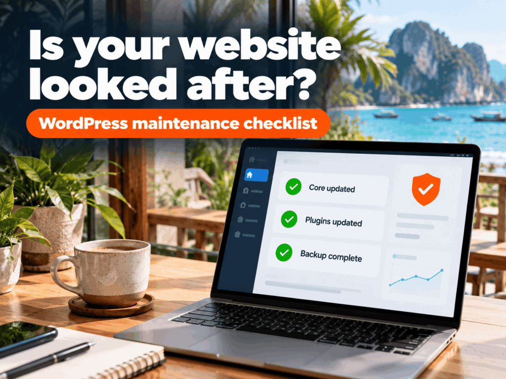 Business owner checking a WordPress website dashboard showing all updates complete and a recent backup