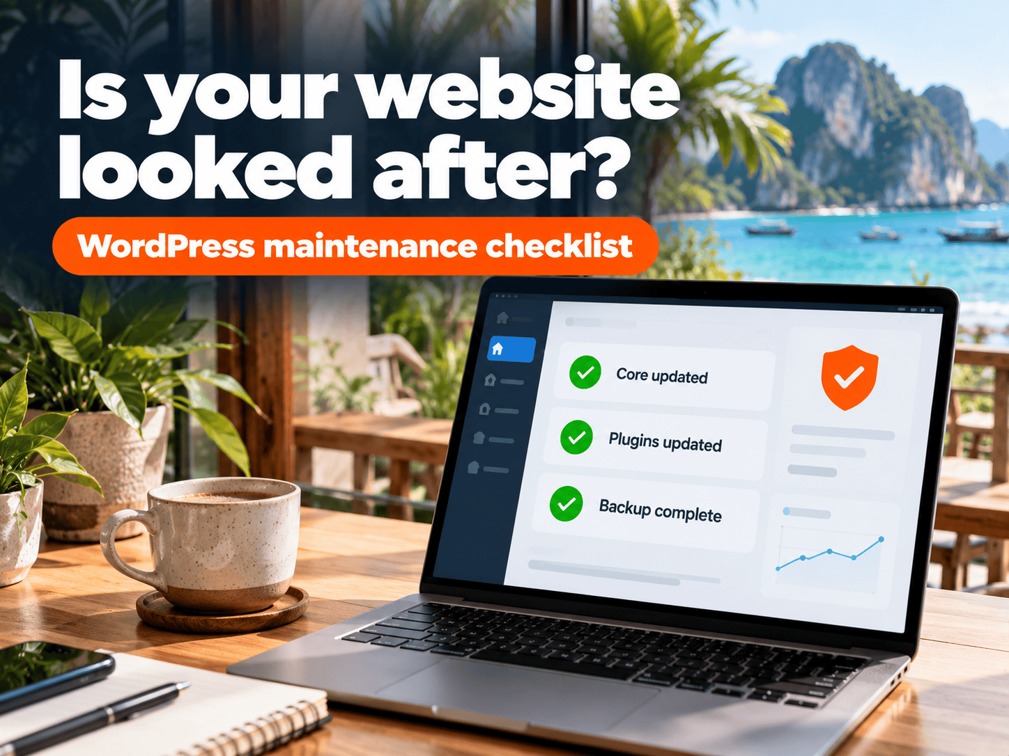 Business owner checking a WordPress website dashboard showing all updates complete and a recent backup